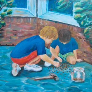 Niños comiendo piñones